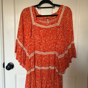 Free People Coral and White Floral Dress with Crochet Detail